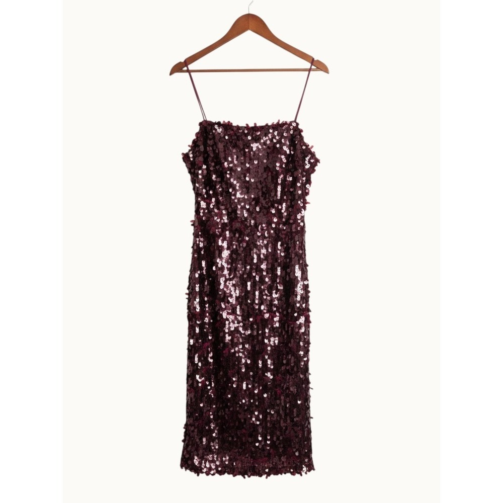 Avec Les Filles Burgundy Sequin Spaghetti Strap Cocktail Dress Sheath Midi Size8